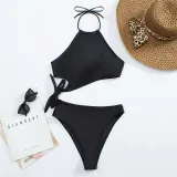 Women Mock-Neck Halter Cut Out Side Bowknot High Waist One Piece Swimsuit
