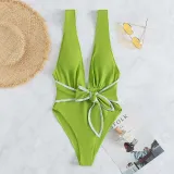 Women Knot Front Plunging Deep V Wide Strap Backless One Piece Swimsuit
