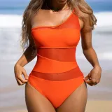 Women Contrast Mesh One Shoulder Brassiere One Piece Swimsuit