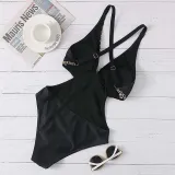 Women Back Cross V Neck Waist Cut Out Flower Prints High Waist One Piece Swimsuit