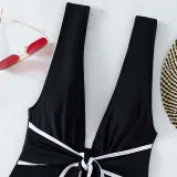 Women Knot Front Plunging Deep V Wide Strap Backless One Piece Swimsuit
