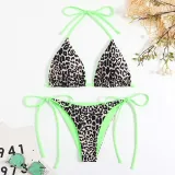 Women Two Pieces Halter Leopard Brassiere Side Tie Print High Cut Bikini Swimsuit