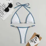 Women Two Pieces Halter Brassiere Chain Linked High Cut Bikini Swimsuit