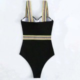 Women Color Wide Strap Push Up Brassiere High Waist One Piece Swimsuit