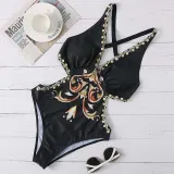 Women Back Cross V Neck Waist Cut Out Flower Prints High Waist One Piece Swimsuit