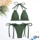 Women Two Pieces Halter Brassiere Side Tie High Cut Bikini Swimsuit