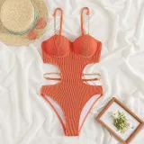 Women Sling Chain Link Push Ups Cut Out Waist One Piece Swimsuit
