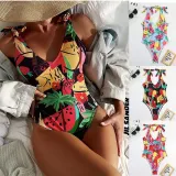 Women U Neck Sling Tie Shoulder Watermelon Coconut Tree Prints One Piece Swimsuit