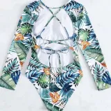 Women Palm Leaves Prints Tropical Long Sleeve Sun Protection One Piece Swimsuit