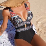 Women Cut Out Totem Flower Prints Deep V Tummy Control Multiway One Piece Swimsuit
