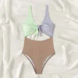 Women Color Block Knot Front Waist Cut Out High Waist One Piece Swimsuit