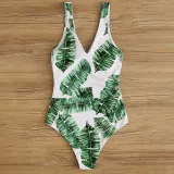 Women Tropical Colormatch Palm Leaves Prints Knot Side One Piece Swimsuit