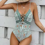Women Sling Flower Full Prints Lace Up Tassels Deep V One Piece Swimsuit
