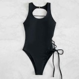 Women Halter Back Lace Up Cut Out One Piece Swimsuit
