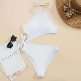 Women Mock-Neck Halter Cut Out Side Bowknot High Waist One Piece Swimsuit