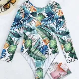 Women Palm Leaves Prints Tropical Long Sleeve Sun Protection One Piece Swimsuit