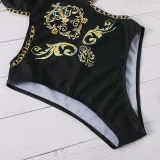 Women Back Cross V Neck Waist Cut Out Flower Prints High Waist One Piece Swimsuit