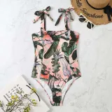 Women Tie Shoulder Tank Tropical Palm Leaves Flower Prints One Piece Swimsuit