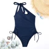 Women Cut Out One Shoulder Bowknot Side Drawstring One Piece Swimsuit