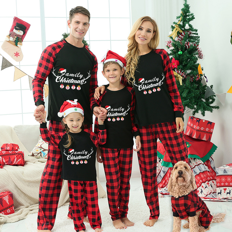 Christmas Matching Family Pajamas Exclusive Design Antler Hat Family Christmas 2023 Ornaments Black Pajamas Set