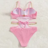 Women Sling Chain Link Push Ups Cut Out Waist One Piece Swimsuit