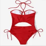 Women Halter Cut Out Side Drawstring High Waist One Piece Swimsuit