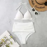 Women Two Pieces Halter Triangle Brassiere Ruched High Waist Bikini Swimsuit