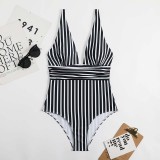 Women Stripes Sling V Neck High Waist One Piece Swimsuit