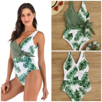 Women Tropical Colormatch Palm Leaves Prints Knot Side One Piece Swimsuit