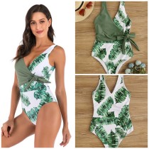 Women Tropical Colormatch Palm Leaves Prints Knot Side One Piece Swimsuit