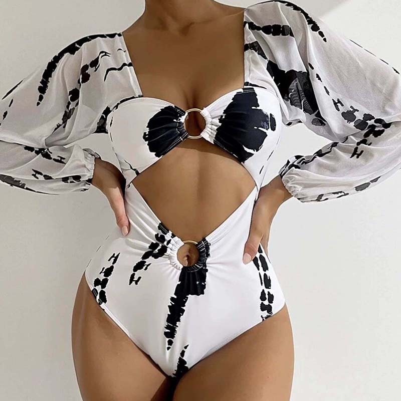 Women Ring Linked Plunging Cut Out Long Sleeve High Waist One Piece Swimsuit