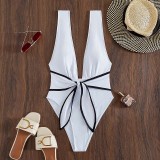 Women Knot Front Plunging Deep V Wide Strap Backless One Piece Swimsuit