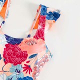 Women Flying Sleeve U Neck Flower Prints One Piece Swimsuit
