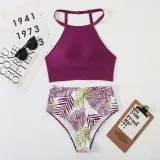 Women Two Pieces Halter Tankini Top Palm Leaves Tropical High Waist Bikini Swimsuit