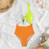 Women Color Block Knot Front Waist Cut Out High Waist One Piece Swimsuit