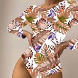 Women Palm Leaves Prints Tropical Long Sleeve Sun Protection One Piece Swimsuit
