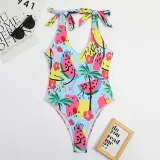 Women U Neck Sling Tie Shoulder Watermelon Coconut Tree Prints One Piece Swimsuit