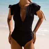 Women Zipper Front V-neck Tummy Control Multiway One Piece Swimsuit