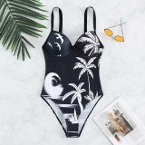 Women Palm Tree Prints Sling Push Up One Piece Swimsuit