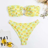 Women Two Pieces Bandeau Ring Linked Plunging Flower Prints High Cut Bikini Swimsuit