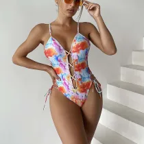 Women Sling Cut Out Side Lace Up Push Up Deep V Tie Dye One Piece Swimsuit