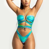 Women Helter Cut Out Drawstring Gradient Color One Piece Swimsuit