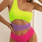 Women One Shoulder Cut Out Color Block Bandeau One Piece Swimsuit