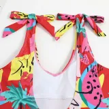 Women U Neck Sling Tie Shoulder Watermelon Coconut Tree Prints One Piece Swimsuit