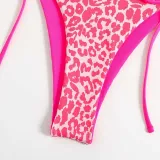 Women Two Pieces Halter Leopard Brassiere Side Tie Print High Cut Bikini Swimsuit