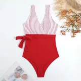 Women Stripe Wide Strap Tank High Waist Belt Tummy Control Multiway One Piece Swimsuit