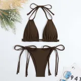 Women Two Pieces Halter Brassiere Side Tie High Cut Bikini Swimsuit