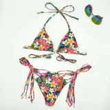 Women Two Pieces Halter Criss Cross Tassle Padded String Thong High Cut Flower Prints Bikini Swimsuit