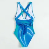 Women U Neck Back Cross Wide Strap Criss Crosse Belt One Piece Swimsuit