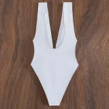 Women Knot Front Plunging Deep V Wide Strap Backless One Piece Swimsuit